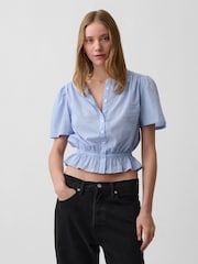 Gap Blue Button-Front Crop Short Sleeve Peplum Top - Image 1 of 4