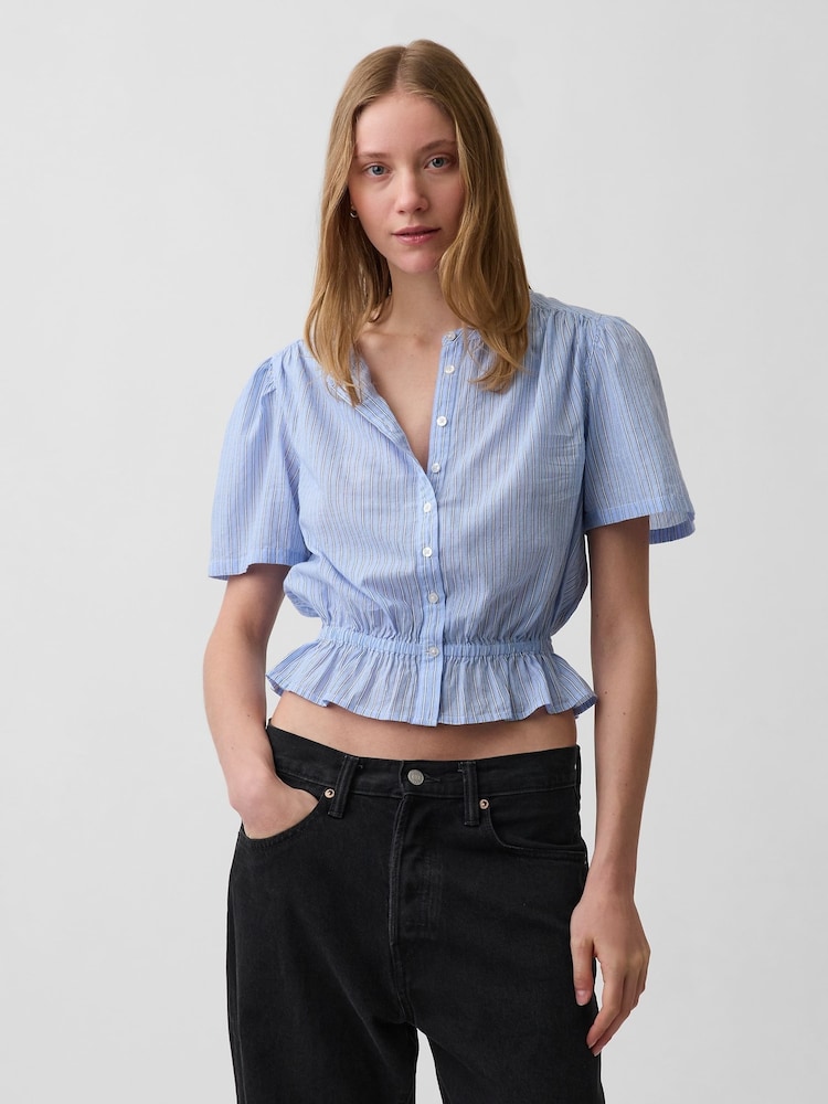 Gap Blue Button-Front Crop Short Sleeve Peplum Top - Image 1 of 4 Gap Blue Button-Front Crop Short Sleeve Peplum Top - Image 1 of 4