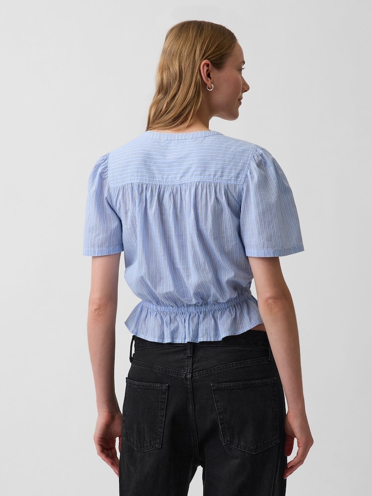Gap Blue Button-Front Crop Short Sleeve Peplum Top - Image 2 of 4 Gap Blue Button-Front Crop Short Sleeve Peplum Top - Image 2 of 4