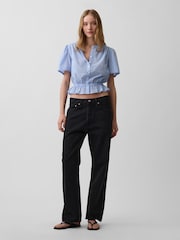 Gap Blue Button-Front Crop Short Sleeve Peplum Top - Image 3 of 4