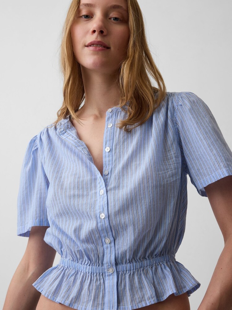 Gap Blue Button-Front Crop Short Sleeve Peplum Top - Image 4 of 4 Gap Blue Button-Front Crop Short Sleeve Peplum Top - Image 4 of 4