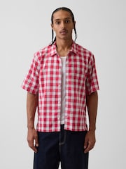 Gap Red Check Linen-Cotton Relaxed Straight-Hem Short Sleeve Shirt - Image 1 of 4