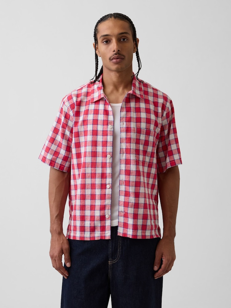 Gap Red Check Linen-Cotton Relaxed Straight-Hem Short Sleeve Shirt - Image 1 of 4