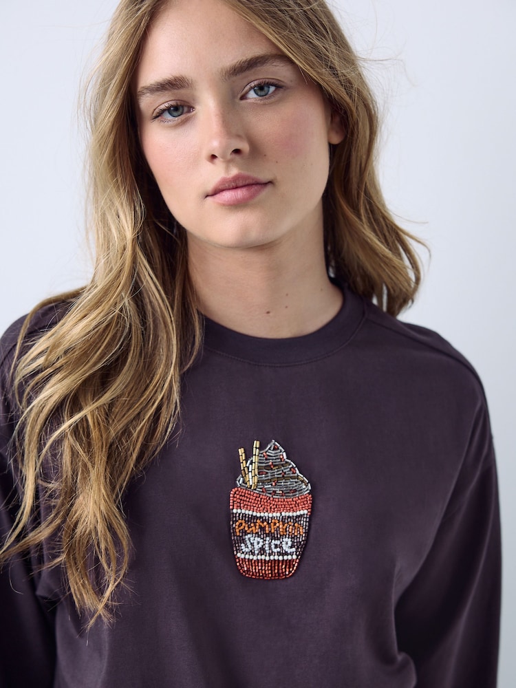 Schokoladenbraun - Short Sleeve Beaded Elbow Sleeve Crew Neck T-Shirt - Bild 5 von 5