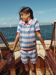 Boden Blue Pointelle Knitted Polo Top - Image 1 of 4