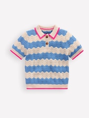 Boden Blue Pointelle Knitted Polo Top - Image 2 of 4