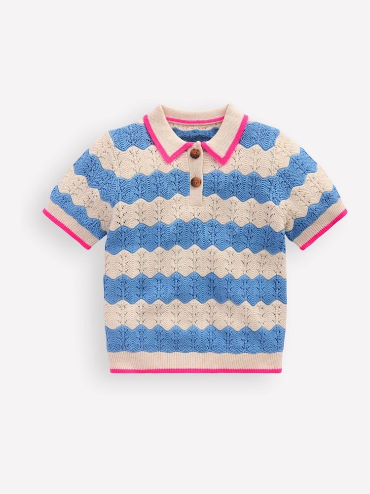 Boden Blue Pointelle Knitted Polo Top - Image 2 of 4