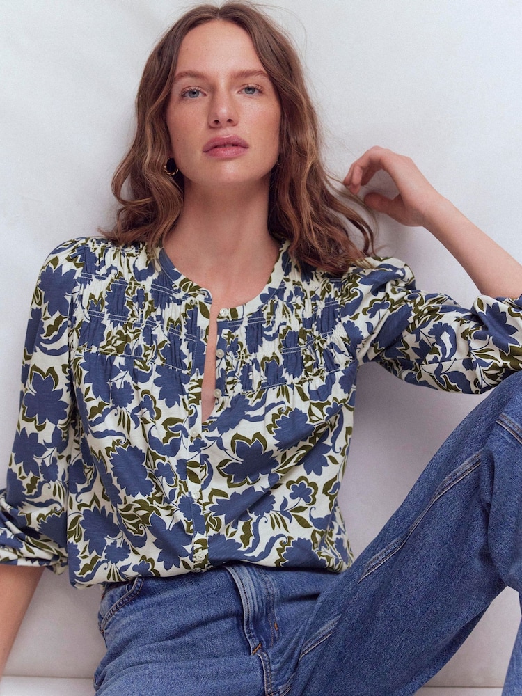 Boden Blue Mya Smocked Jersey Shirt - Image 1 of 5