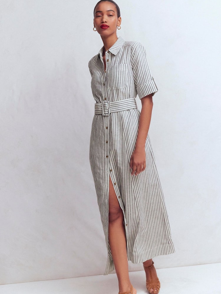 Boden Cream/Grey Ora Linen Blend Shirt Dress - Image 1 of 7