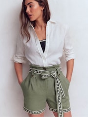 Boden Green Paperbag Linen Belted Shorts - Image 5 of 6