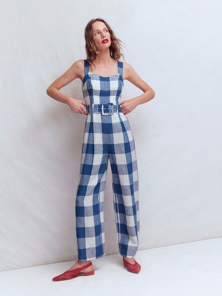 Boden Blue Panelled Bodice Linen Jumpsuit - Image 1 of 6