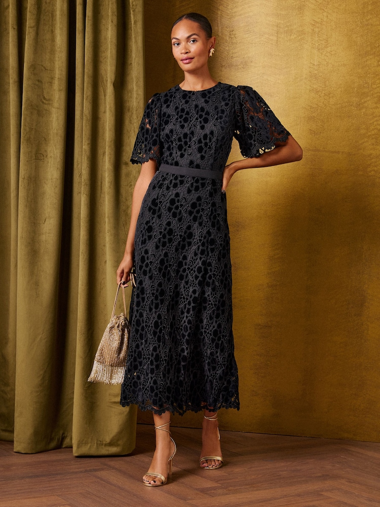 Love & Roses Black Velvet Lace Angel Sleeve Midi Dress - Image 1 of 5 Love & Roses Black Velvet Lace Angel Sleeve Midi Dress - Image 1 of 5