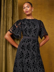 Love & Roses Black Velvet Lace Angel Sleeve Midi Dress - Image 2 of 5