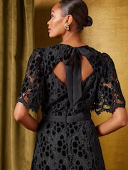 Love & Roses Black Velvet Lace Angel Sleeve Midi Dress - Image 3 of 5