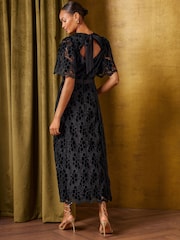 Love & Roses Black Velvet Lace Angel Sleeve Midi Dress - Image 4 of 5
