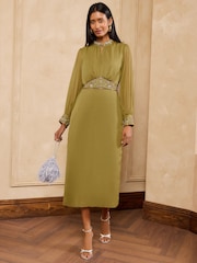 Love & Roses X V&A Lime Green Embellished Column Midi Dress - Image 1 of 7