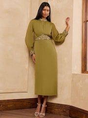 Love & Roses X V&A Lime Green Embellished Column Midi Dress - Image 3 of 7