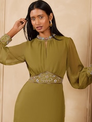 Love & Roses X V&A Lime Green Embellished Column Midi Dress - Image 5 of 7