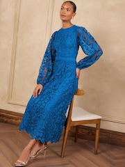 Azul cobalto - Vestido a media pierna de encaje y manga larga de Love & Roses - Imagen 4 de 6