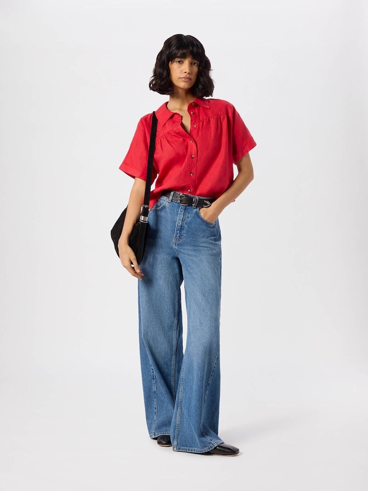 Whistles Red Gathered Linen Shirt - Image 2 of 4 Whistles Red Gathered Linen Shirt - Image 2 of 4