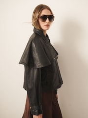 CERENE Wilma Black Real Leather Short Trench Jacket - Image 1 of 13