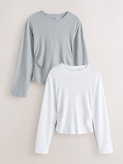 白／灰 - Black Cinch Waist Long Sleeve Tops 2 Pack - 圖片 1，共 10