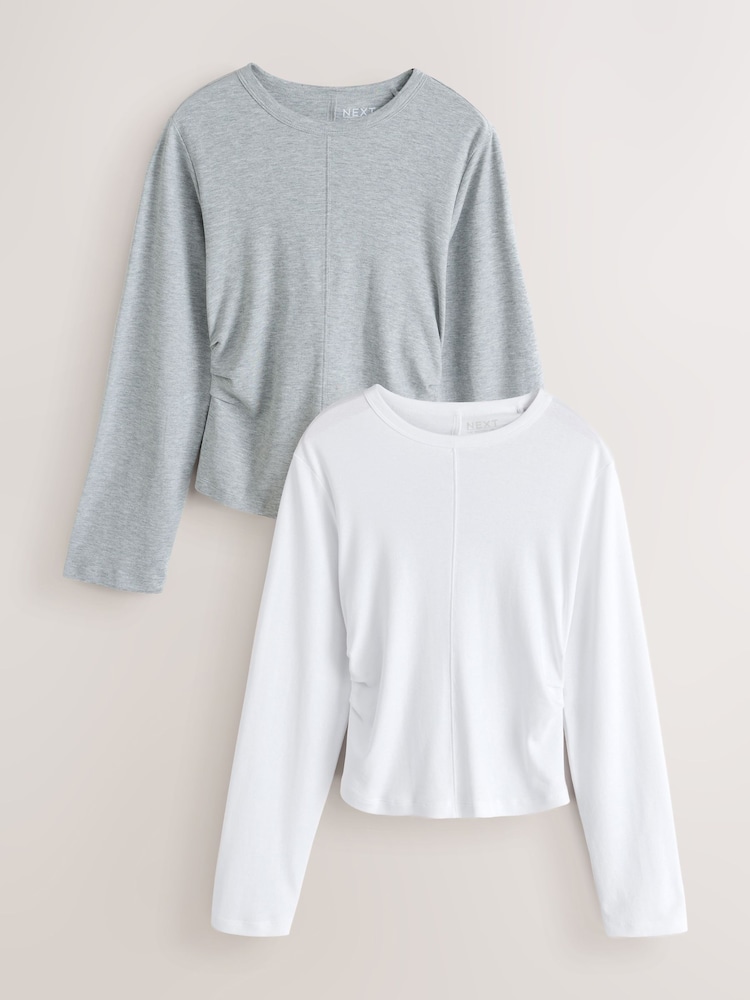 白／灰 - Black Cinch Waist Long Sleeve Tops 2 Pack - 圖片 1，共 10