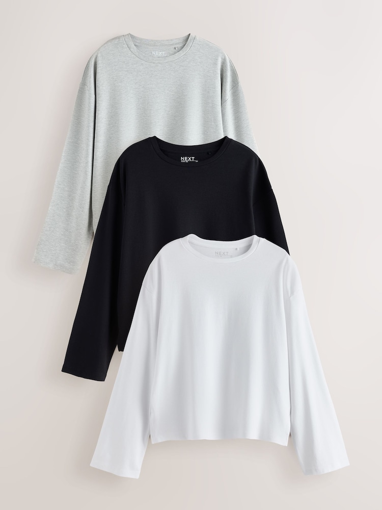 White/Black/Grey Long Sleeve Boxy T-Shirts 3 Pack - Image 1 of 11