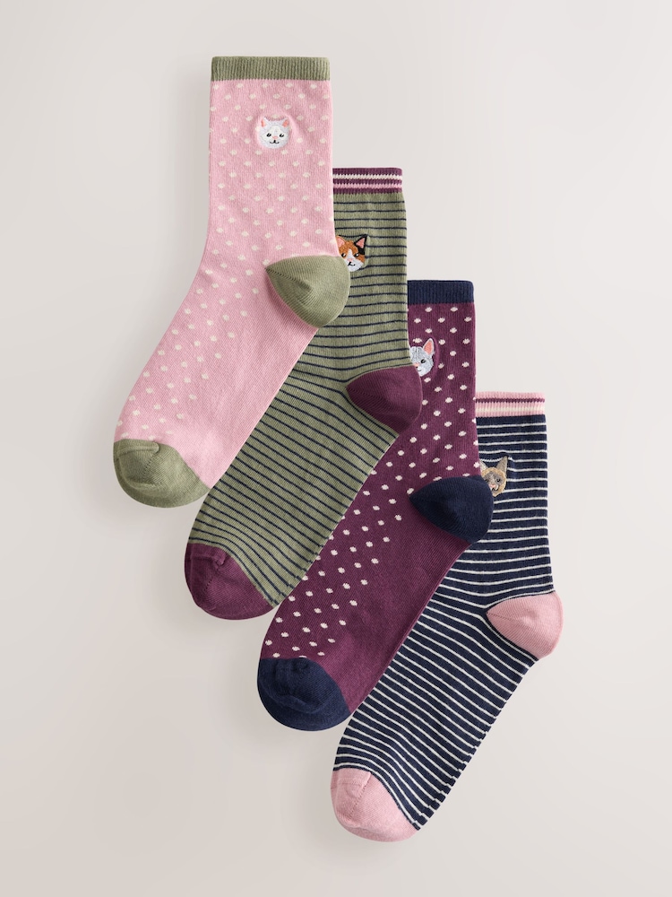 Novelty Cats - Embroidered Motif Stripe Ankle Socks 4 Pack - სურათი 1 7-დან