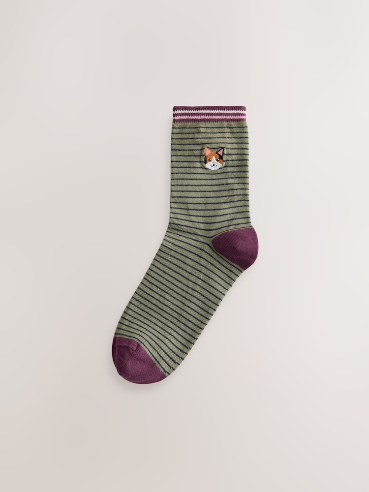 Novelty Cats - Embroidered Motif Stripe Ankle Socks 4 Pack - სურათი 2 7-დან