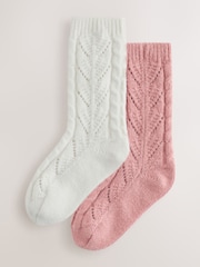 Rose Pink/Cream Cable Pointelle Knitted Cosy Ankle Socks 2 Pack - Image 1 of 8