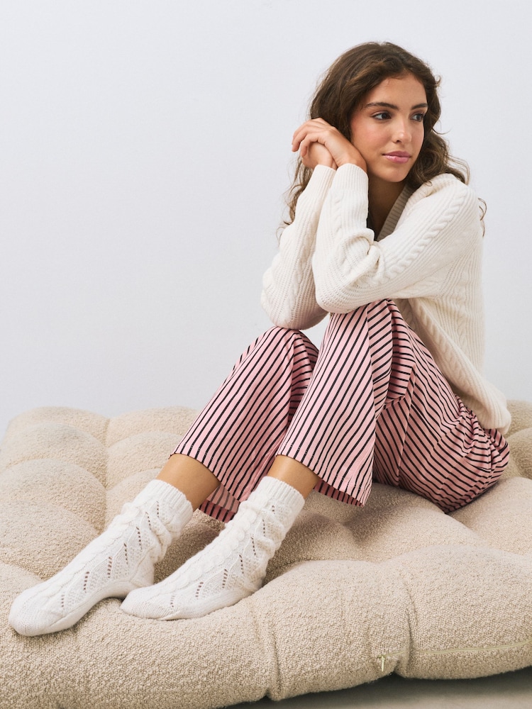 Rose Pink/Cream Cable Pointelle Knitted Cosy Ankle Socks 2 Pack - Image 2 of 8