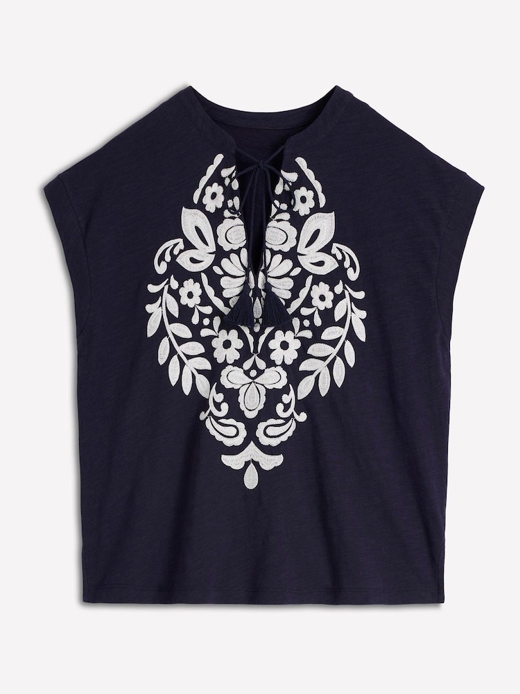 Boden Blue Embroidered Notch T-Shirt - Image 1 of 1
