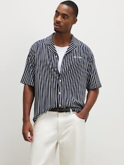 River Island Blue Textured Stripe Revere Shirt - Image 1 of 4