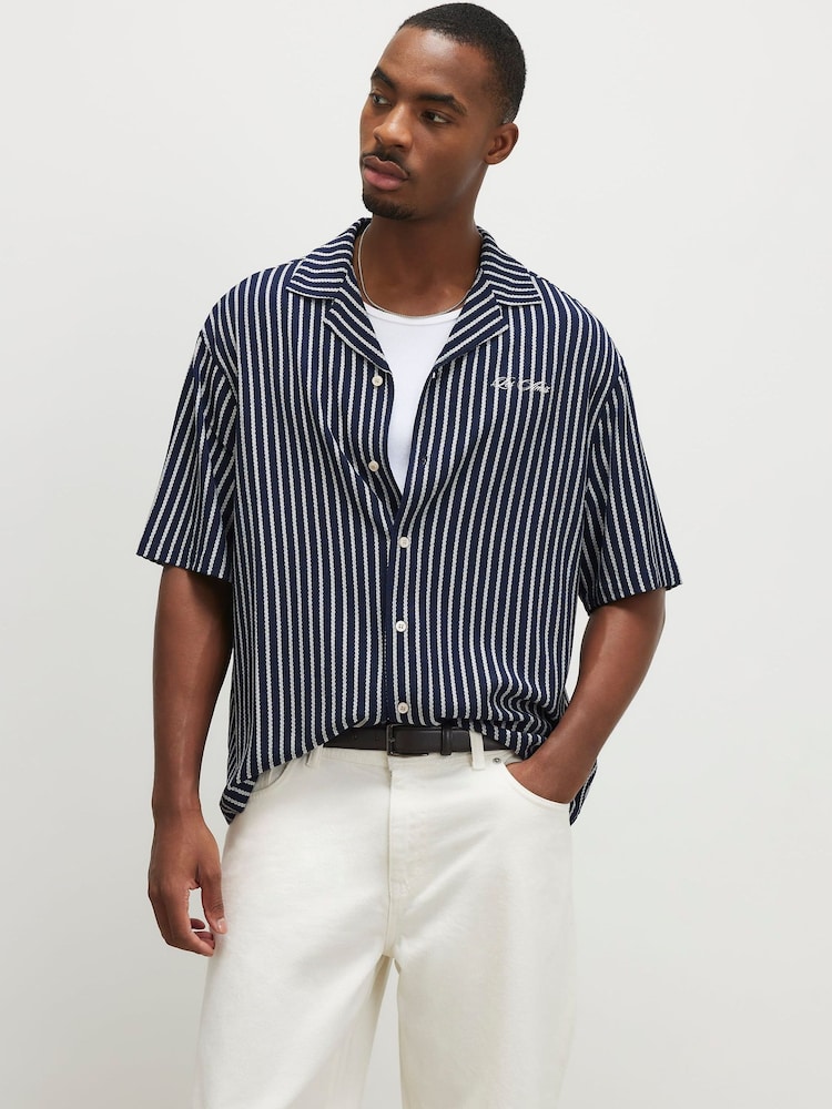 River Island Blue Textured Stripe Revere Shirt - Image 1 of 4 River Island Blue Textured Stripe Revere Shirt - Image 1 of 4