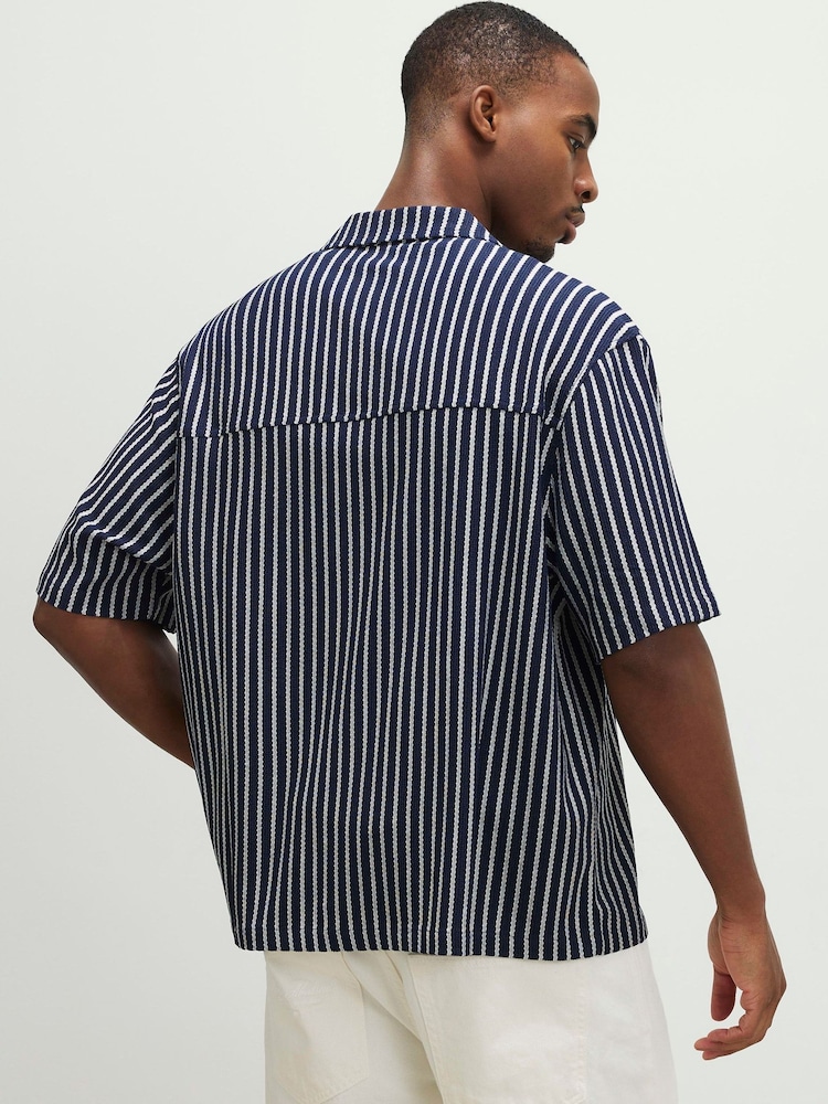River Island Blue Textured Stripe Revere Shirt - Image 2 of 4 River Island Blue Textured Stripe Revere Shirt - Image 2 of 4