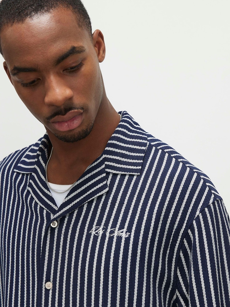 River Island Blue Textured Stripe Revere Shirt - Image 4 of 4 River Island Blue Textured Stripe Revere Shirt - Image 4 of 4