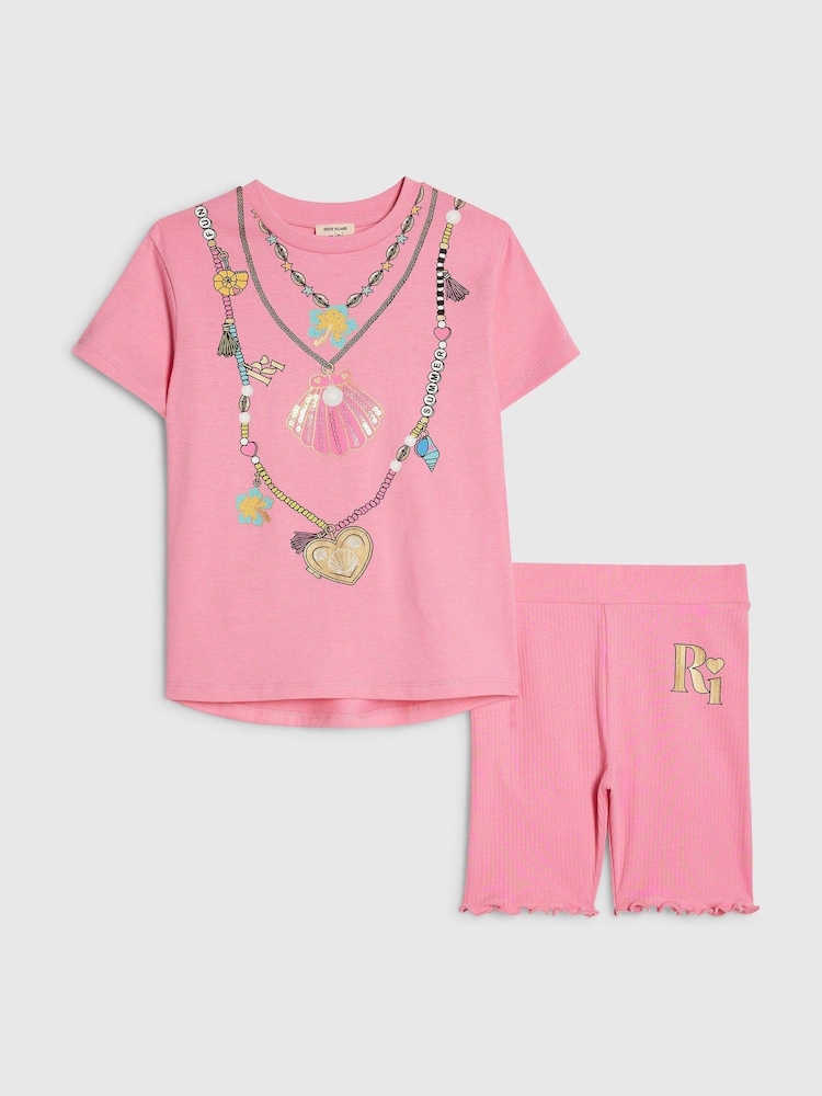 River Island Pink Necklace T-Shirt & Cycle Shorts Set - Image 1 of 5 River Island Pink Necklace T-Shirt & Cycle Shorts Set - Image 1 of 5