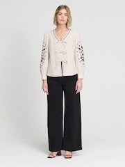 Finery Neutral Stripe Karlee Cotton Stripe Embroidered Tie Front Top - Image 1 of 4