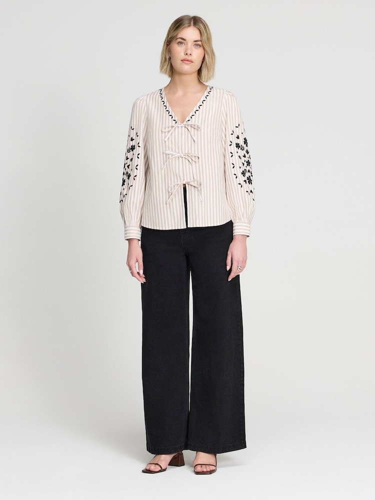 Finery Neutral Stripe Karlee Cotton Stripe Embroidered Tie Front Top - Image 1 of 4 Finery Neutral Stripe Karlee Cotton Stripe Embroidered Tie Front Top - Image 1 of 4