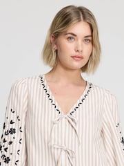 Finery Neutral Stripe Karlee Cotton Stripe Embroidered Tie Front Top - Image 3 of 4