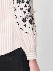 Finery Neutral Stripe Karlee Cotton Stripe Embroidered Tie Front Top - Image 4 of 4