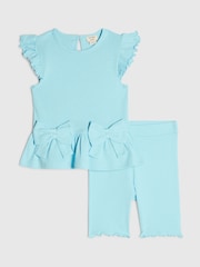 River Island Blue Peplum Bow Top & Rib Shorts Set - Image 1 of 5