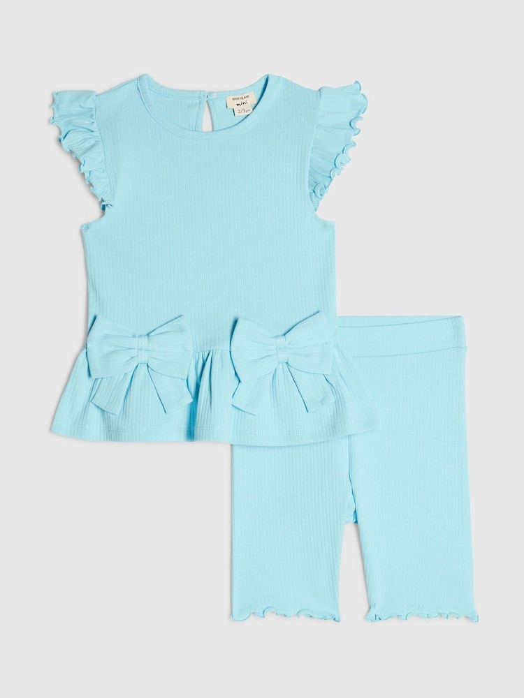 River Island Blue Peplum Bow Top & Rib Shorts Set - Image 1 of 5