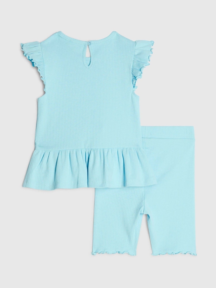 River Island Blue Peplum Bow Top & Rib Shorts Set - Image 2 of 5
