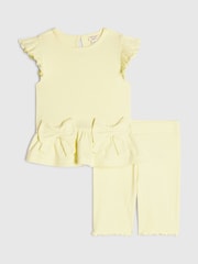 River Island Yellow Peplum Bow Top & Rib Shorts Set - Image 1 of 5