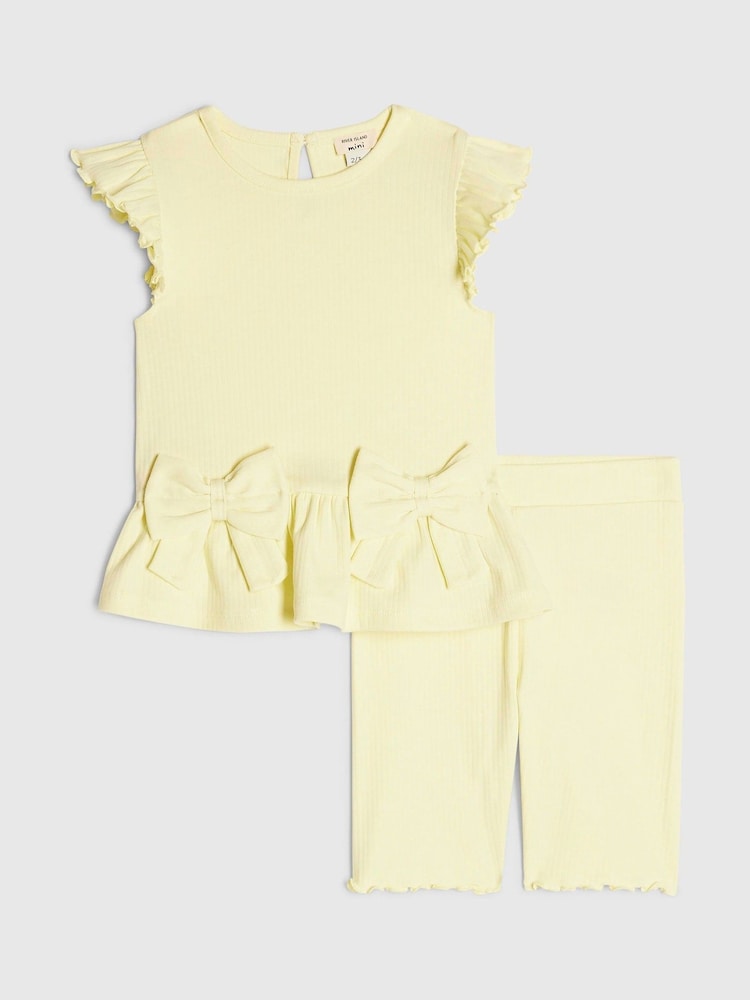 River Island Yellow Peplum Bow Top & Rib Shorts Set - Image 1 of 5