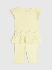 River Island Yellow Peplum Bow Top & Rib Shorts Set - Image 2 of 5