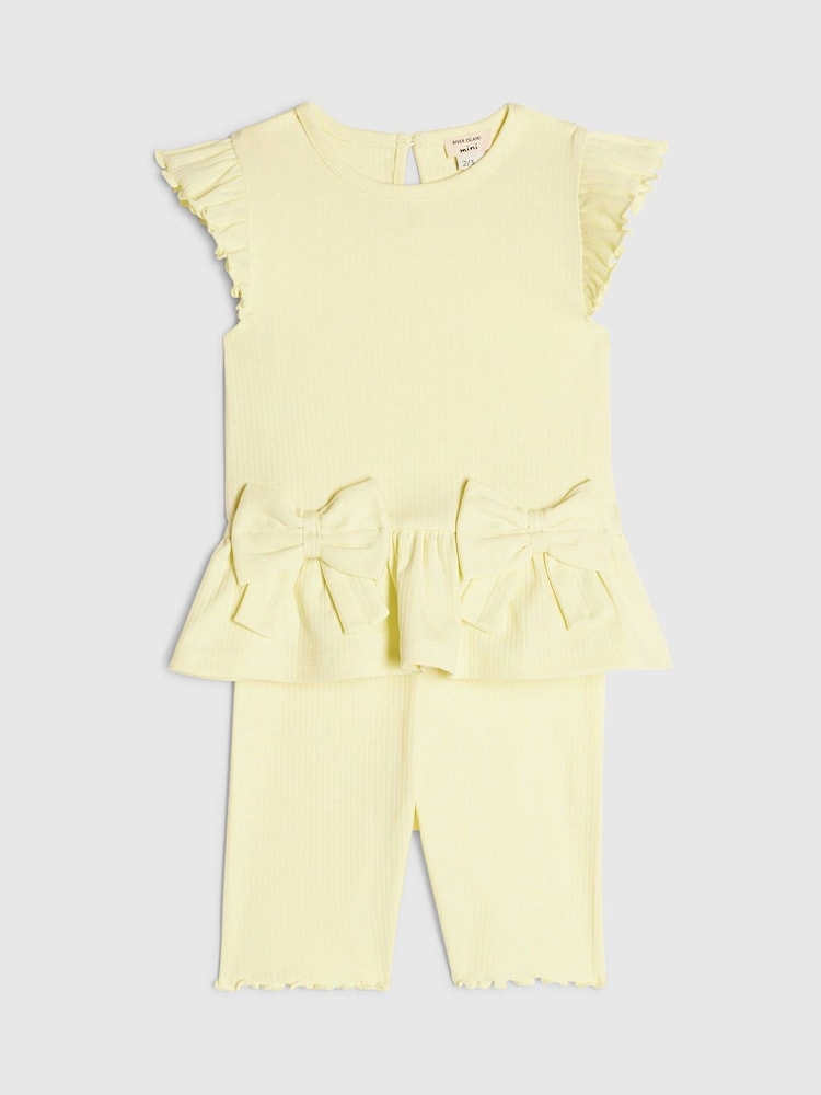 River Island Yellow Peplum Bow Top & Rib Shorts Set - Image 2 of 5