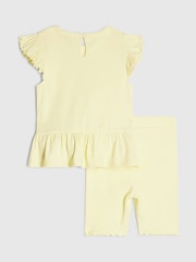 River Island Yellow Peplum Bow Top & Rib Shorts Set - Image 3 of 5